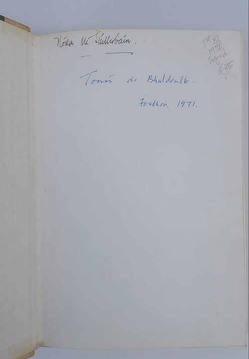 Open book with handwritten text and a signature on a plain background